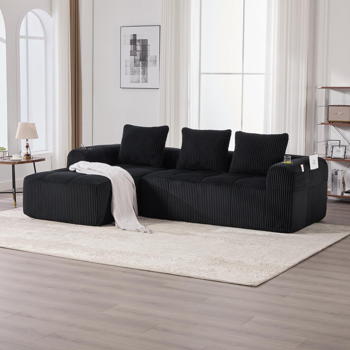 Dolamaní Sofá compacto de 3 plazas de pana con 3 cojines, sofá esquinero en forma de L con función de dormir, suave y modular, asiento extraprofundo, sin montaje, para salón (gris oscuro)