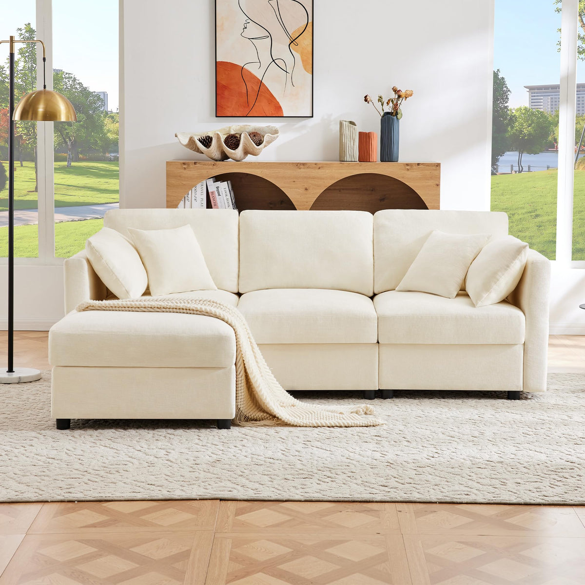Soweiz Sofá de esquina en forma de L con reposapiés, sofá cama convertible de 3 plazas, 4 cojines, brazos ajustables, tejido chenilla, adecuado para salón/oficina/apartamento, 218 x 156,5 x 86 cm