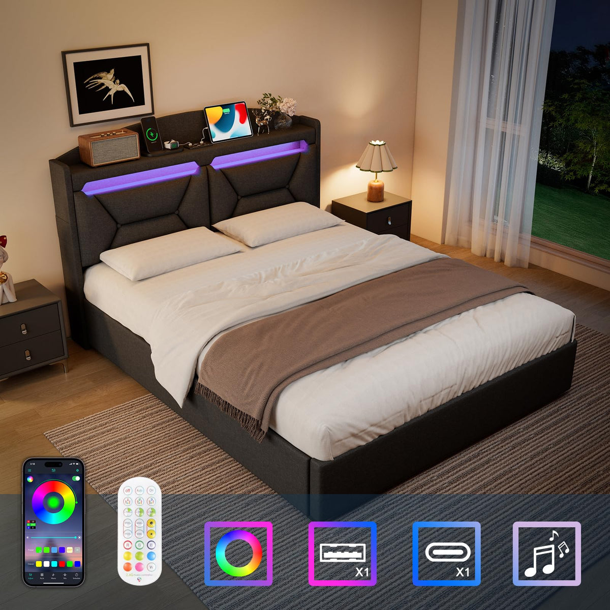 Cama 90x200 cm con Almacenamiento, Cama Individual con LED, Puertos USB y Type-C, Somier 90x200 Hidráulico, Camas Juveniles Camas Infantiles con Cabecero, Lino, Beige, Colchón No Incluido