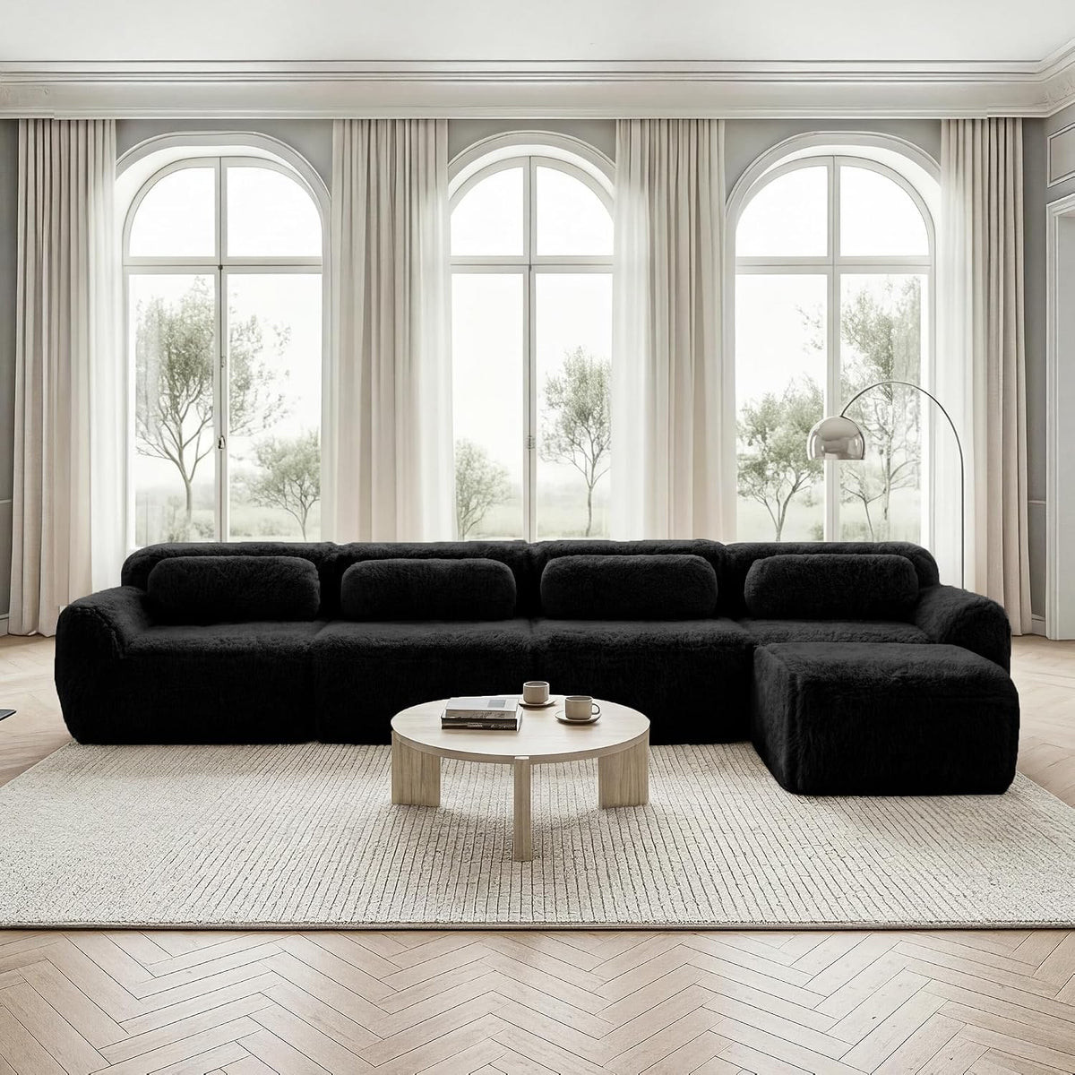Sofá modular combinable en forma de L de 4 plazas, tejido de felpa con cojines, espuma de alta elasticidad, diseño chaise longue para salón o dormitorio (negro)