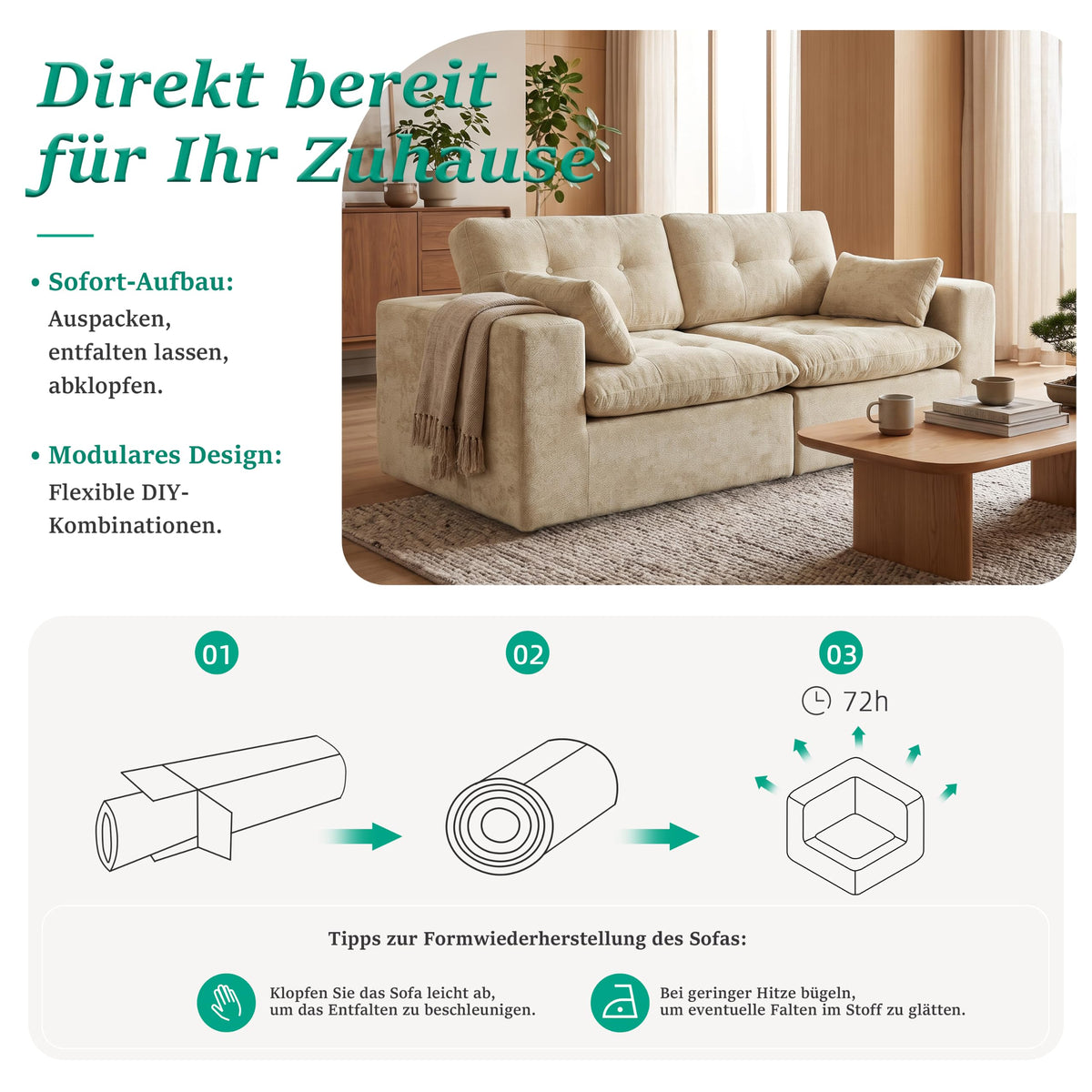 Sofá modular de 3 plazas con función de dormir, asiento extra profundo, felpilla para el hogar, sofá sin marco, sofá cama flexible para salón, verde