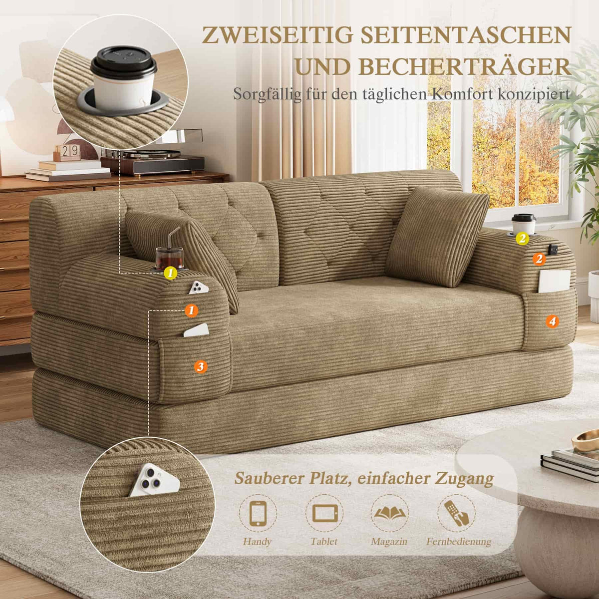 YEHTOKHOME - Sofá de Velor acanalado con respaldo alto y estructura metálica, sofá moderno de 2 plazas con 2 portavasos y 4 bolsillos laterales, para salón, dormitorio (Beige)