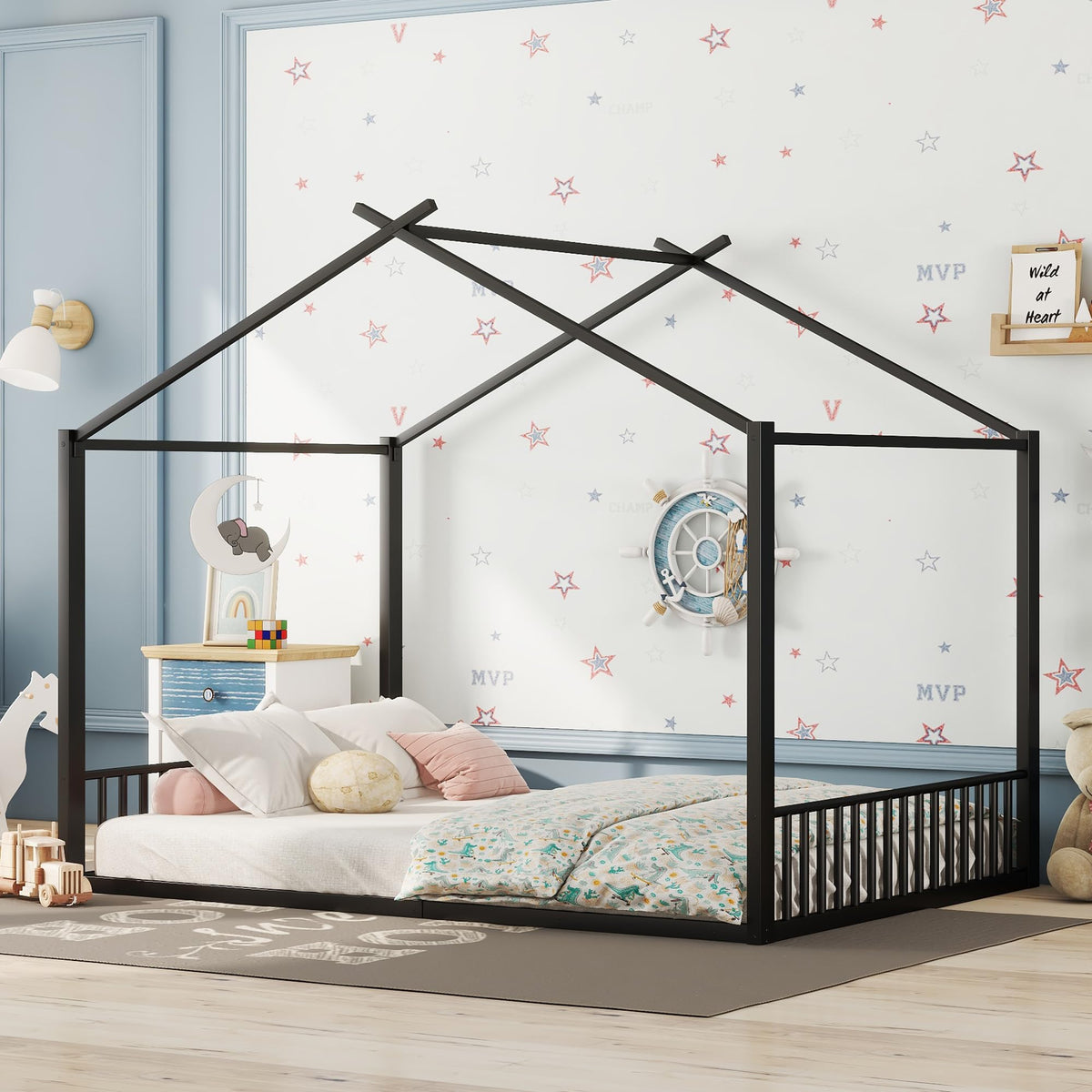 Cama infantil de 90 x 200 cm, dos camas de 90 cm con protección anticaídas, cama doble con modelado de casa, marco de hierro, color blanco, ideal para 2 niños