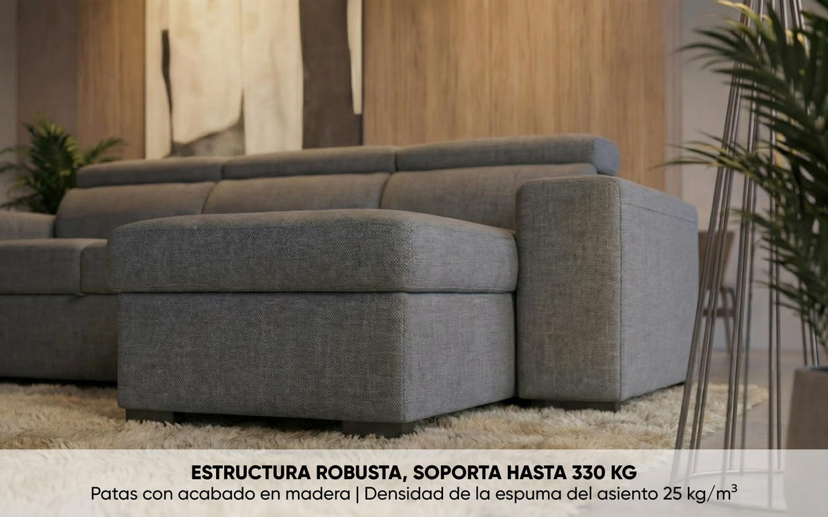 BUDWING John Sofá Cama Esquinero 4 Plazas - Chaise Longue Reversible, Reposacabezas Ajustable y 2 Pufs – Tapizado en Poliéster – Estilo Moderno – 263x161x96 cm – Gris Claro