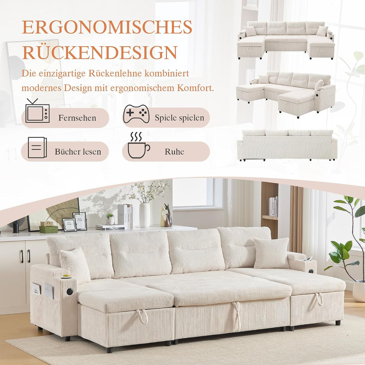 Dolamaní Sofá moderno de 4 plazas de tela de lino con espacio de almacenamiento y función de dormir, sofá cama con cajonera extensible en forma de L para casa y salón (beige B)