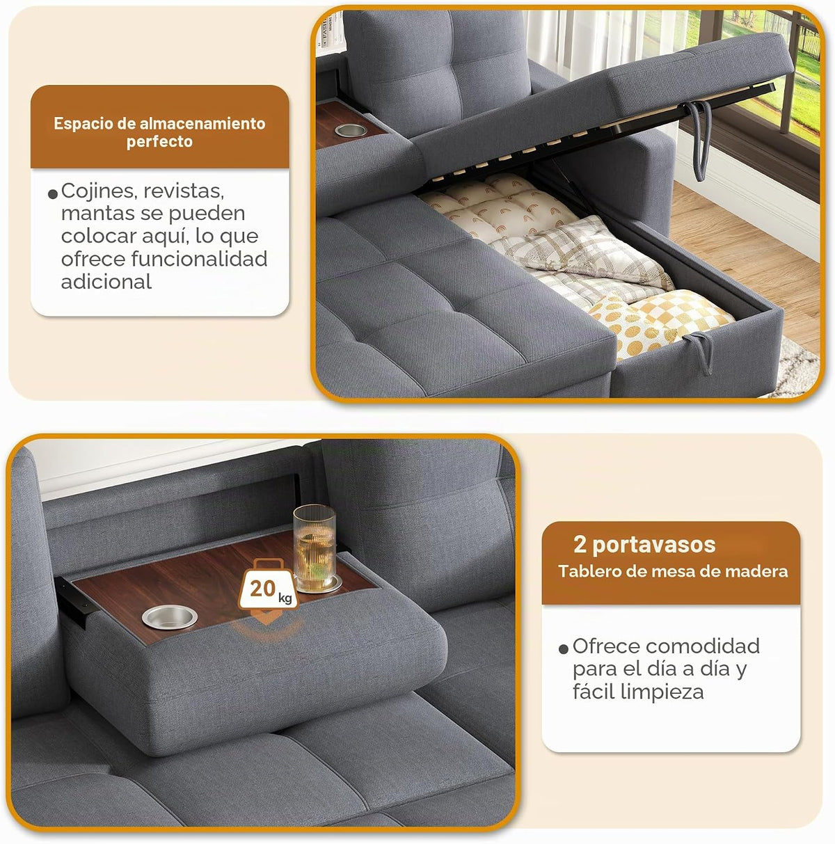 Bladez Sofá cama extensible en forma de L de lino con espacio de almacenamiento, soporte para bebidas, sofá modular de 3 plazas para salón (gris)