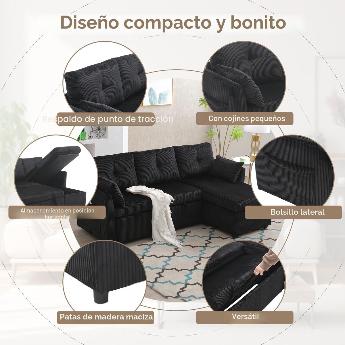 Lubvtti Sofá cama de 3 plazas moderno con función de cama, con espacio de almacenamiento, cargador USB, reposabrazos portaobjetos y 2 cojines, sofá de esquina en L, sofá de 3 plazas, chenilla (C-gris)