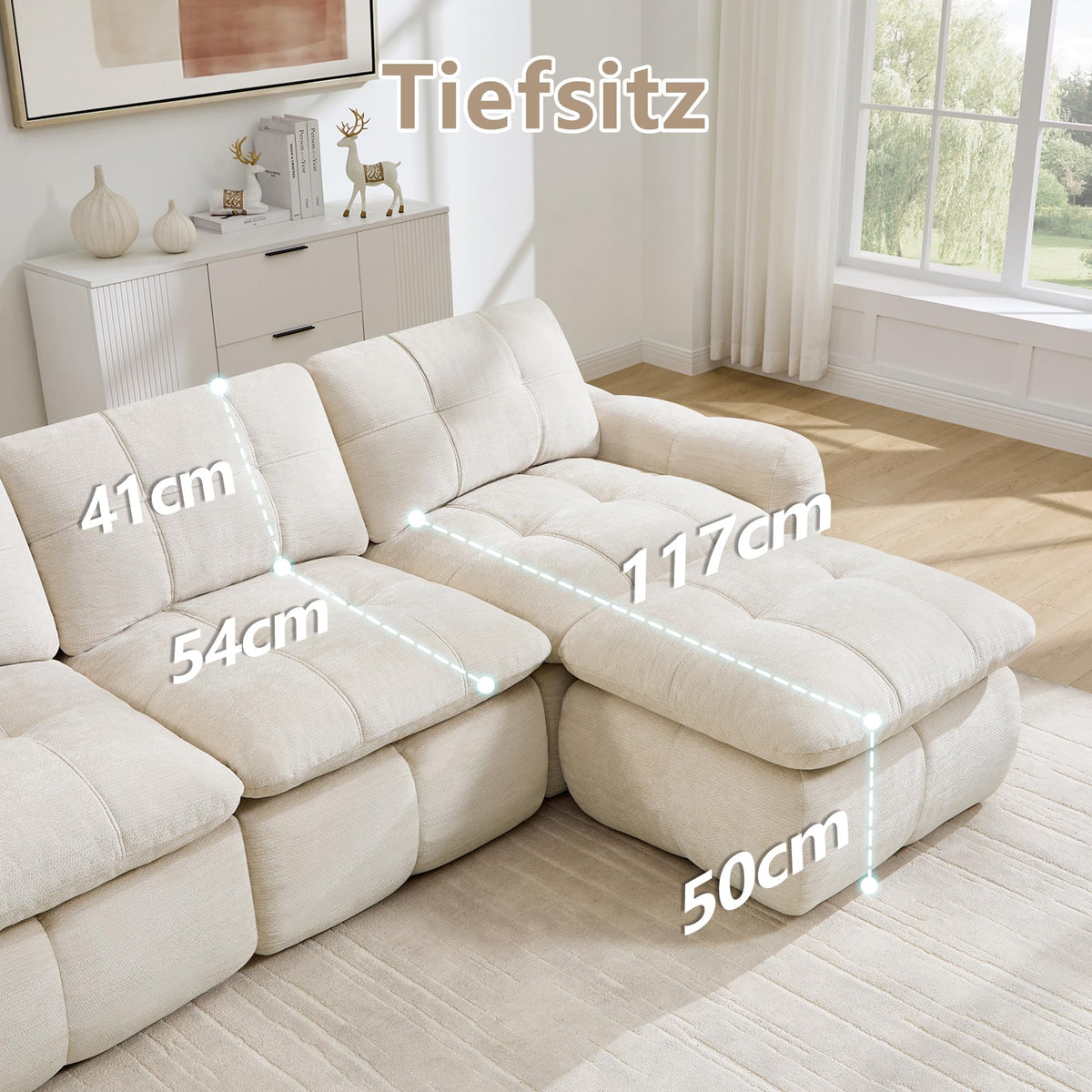 Sofá de 3 plazas con 1 taburete chenilla beige