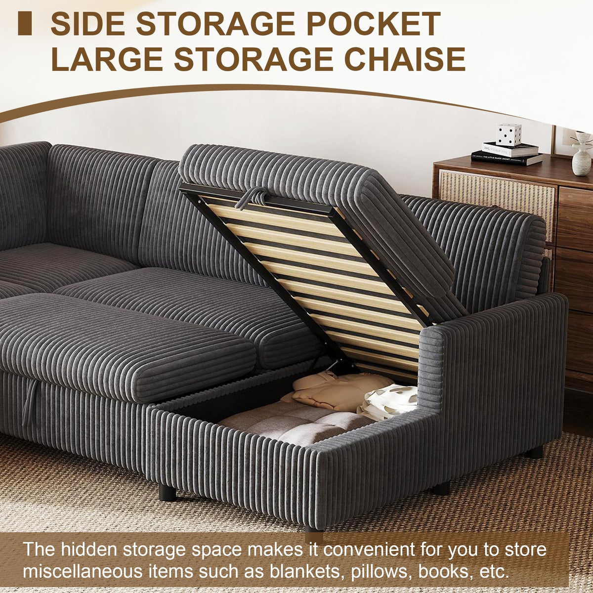 LAKFEW Sofa Cama con Cama Extensible y Taburete Almacenaje, Sofa Rinconera con USB, Lámpara de Lectura, Mesa Plegable con 2 Posavasos, 205x205x85 cm, Gris