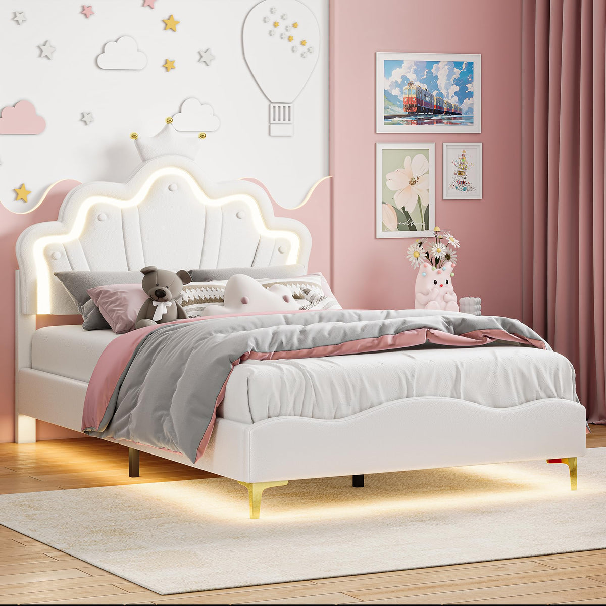 Cama Infantil tapizada 140 x 200 cm con LED, Cama tapizada para niños 140 x 200 con cabecera Ajustable Marco de Camas, Camas de Princesa para Niña en Forma de Corona con Somier(Rosa, 140 x 200)