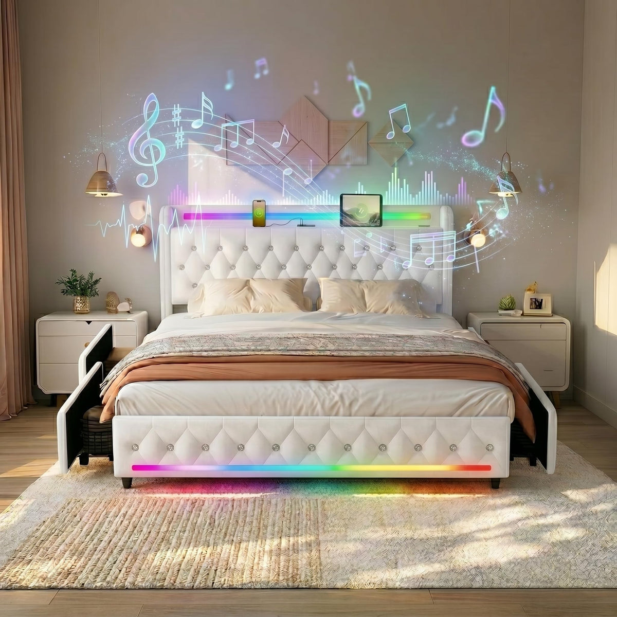 Estructura de Cama 140x200 cm con iluminación LED, Lino, Gris