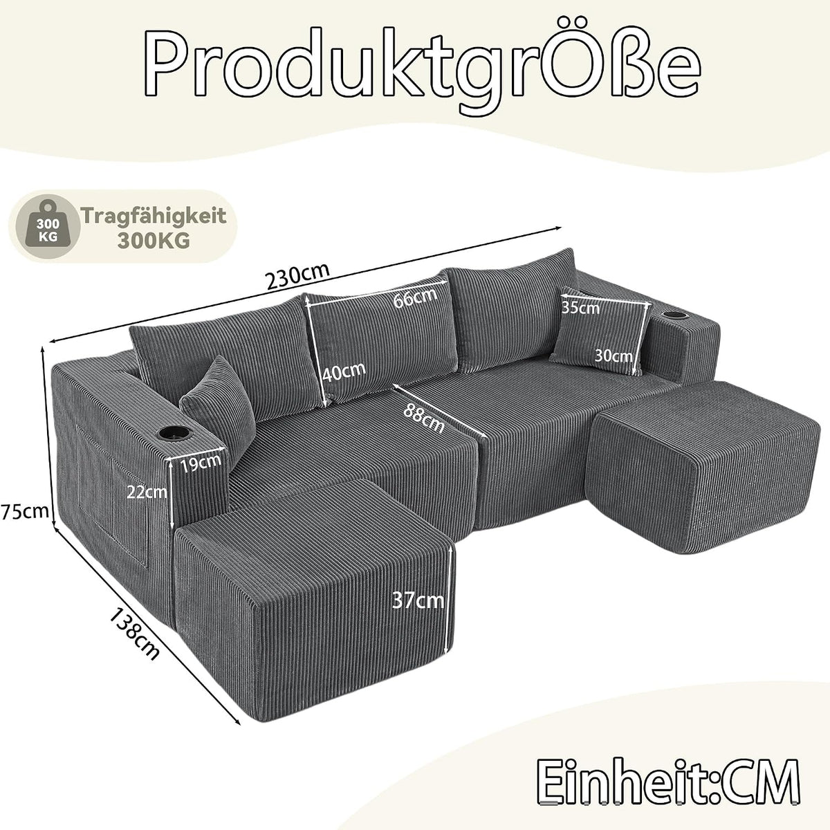 Bladez Sofá esquinero modular en forma de U de pana de 3 plazas gris con otomana