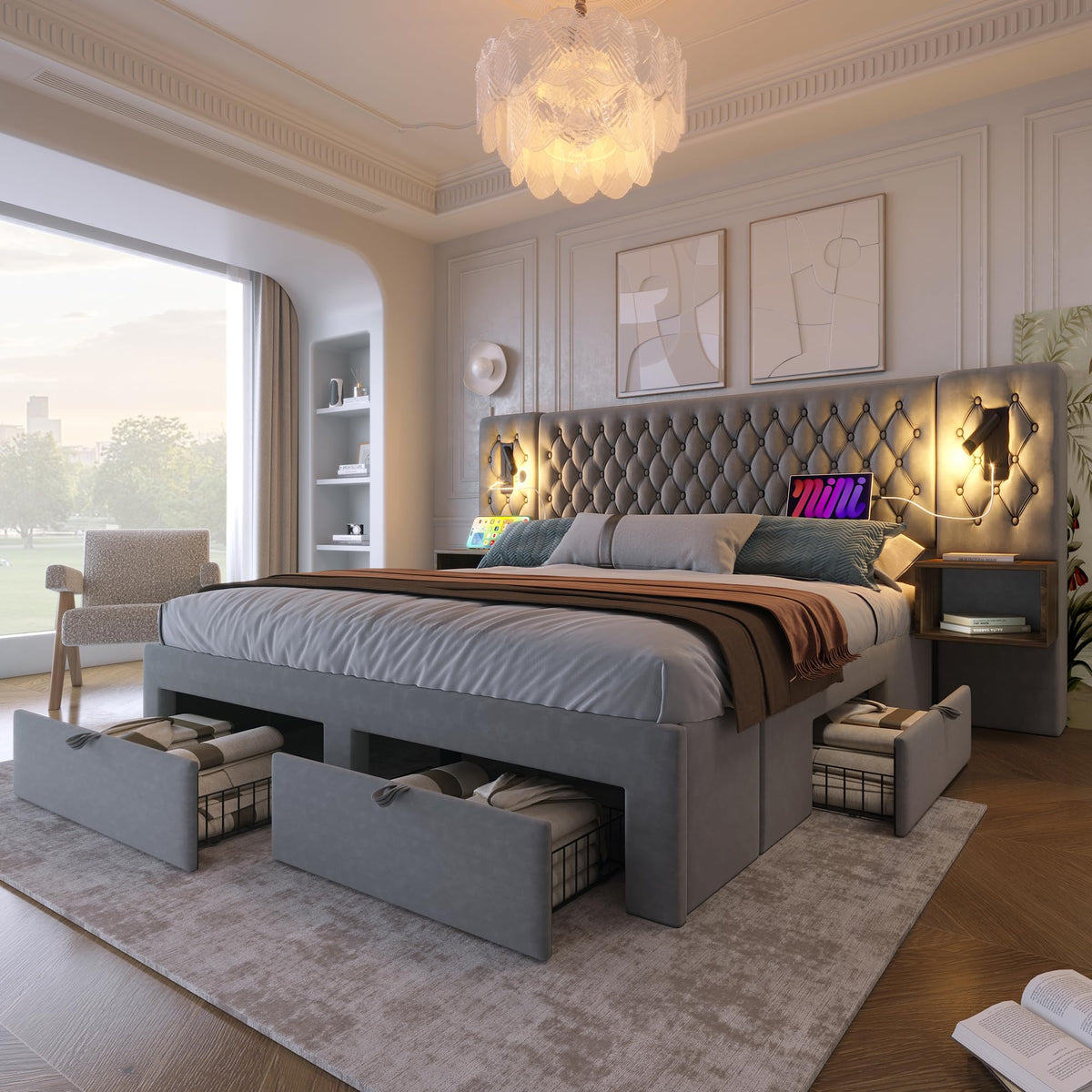 Juego completo de cama para dormitorio, cama doble tapizada de 160 x 200 cm, con 2 mesitas de noche y 4 cajones, cabecero de luz de lectura con función de carga USB, terciopelo, sin colchón