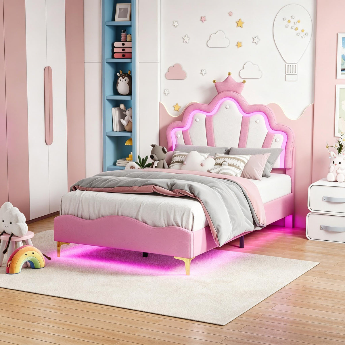 Cama Infantil tapizada 140 x 200 cm con LED, Cama tapizada para niños 140 x 200 con cabecera Ajustable Marco de Camas, Camas de Princesa para Niña en Forma de Corona con Somier(Rosa, 140 x 200)