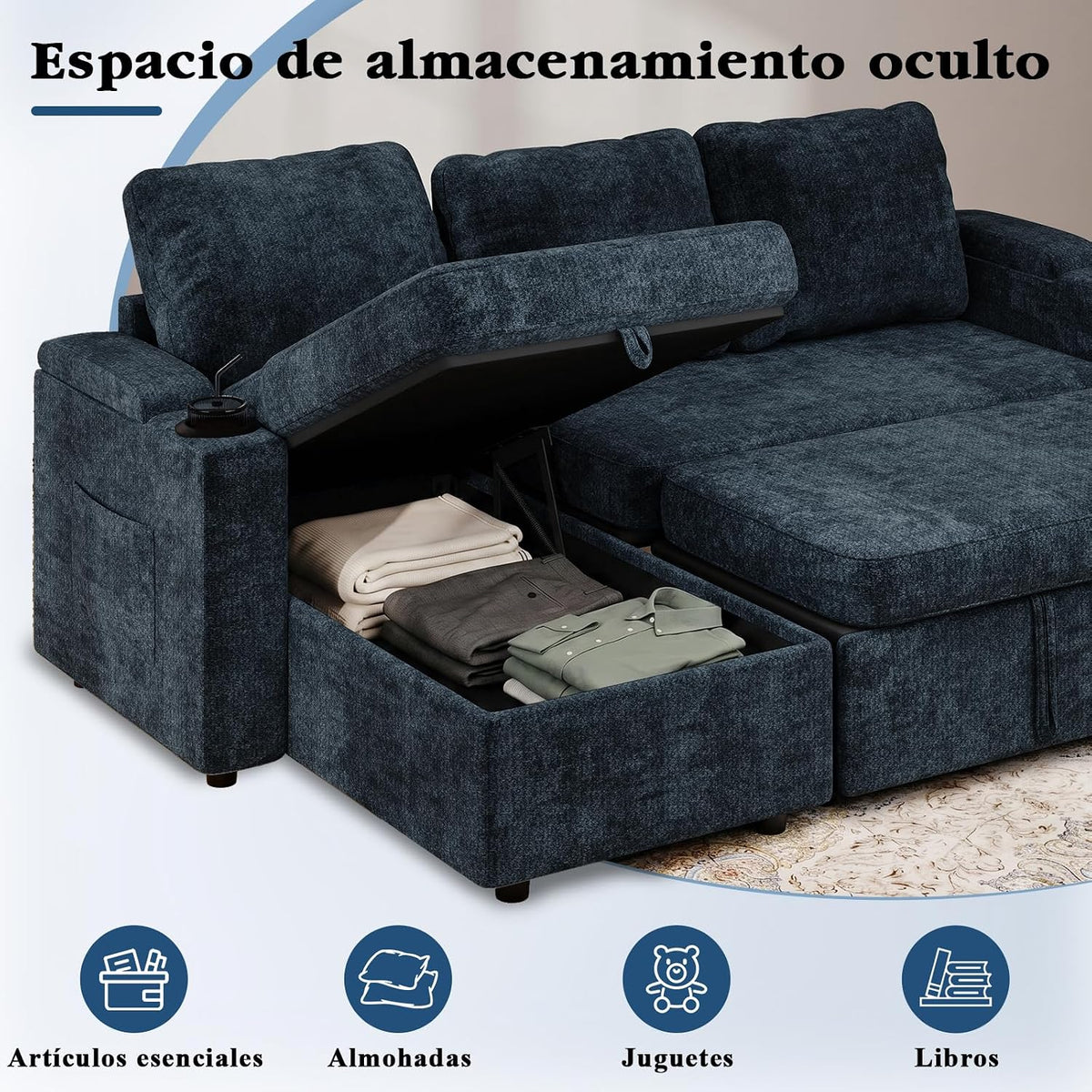 Devoko Sofá Cama L 3 plazas Azul Marino con almacén y portavasos, sofá Convertible Suave para salón y Piso, multifunción con Brazos amplios y Gran almacenaje