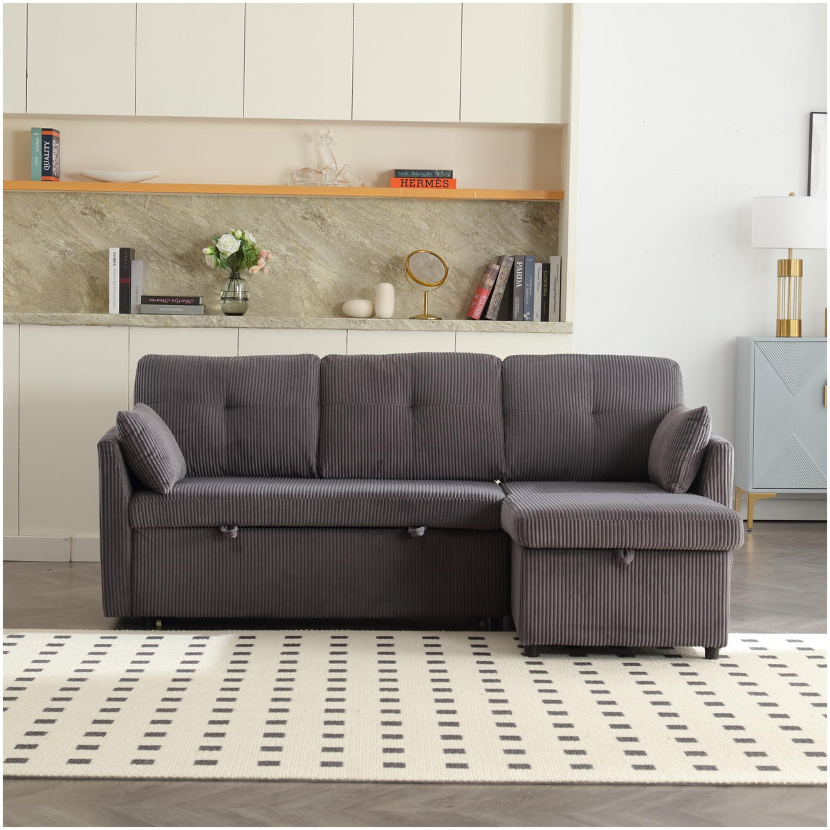 Lubvtti Sofá cama de 3 plazas moderno con función de cama, con espacio de almacenamiento, cargador USB, reposabrazos portaobjetos y 2 cojines, sofá de esquina en L, sofá de 3 plazas, chenilla (C-gris)