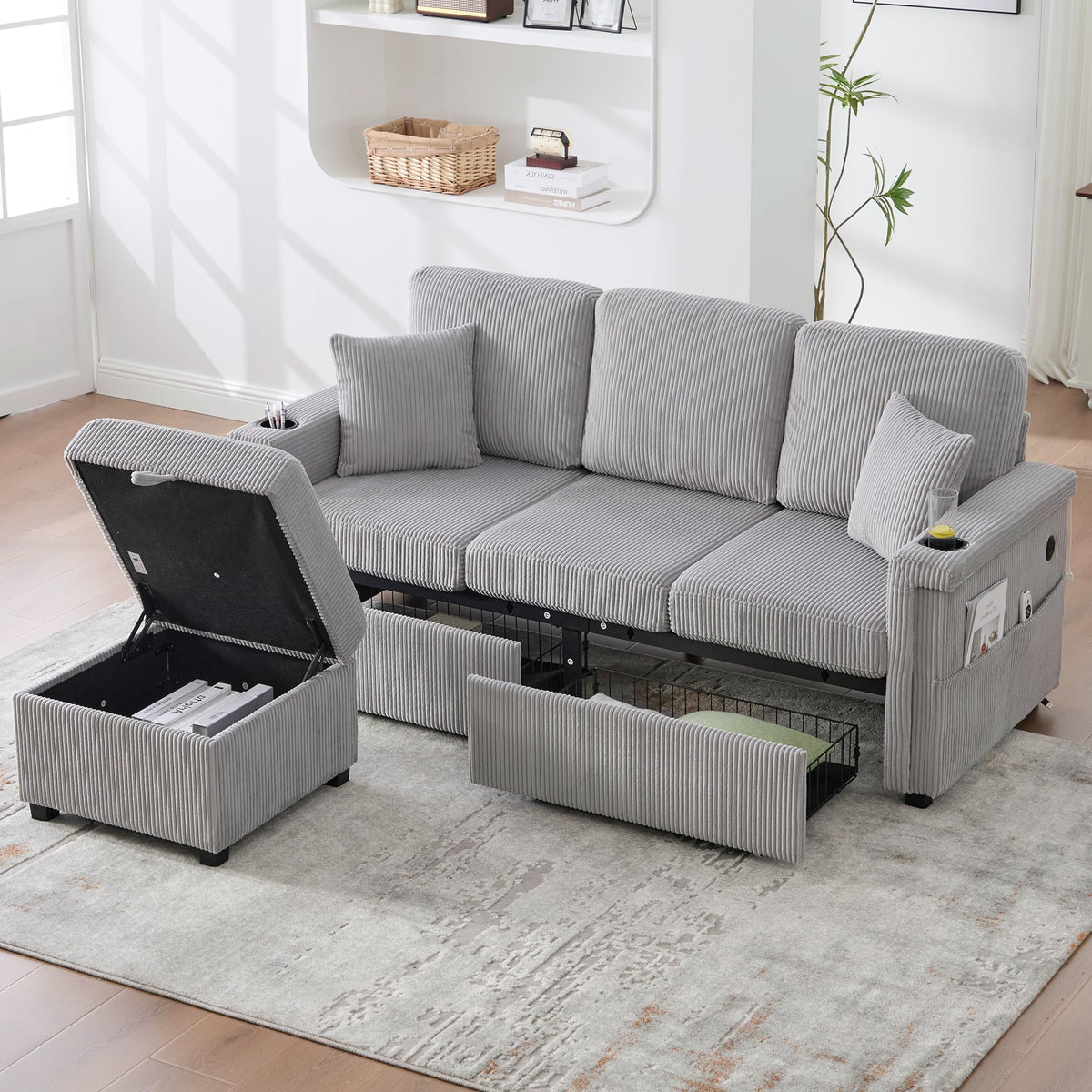 Lubvtti Sofá cama de 3 plazas moderno con función de cama, con espacio de almacenamiento, cargador USB, reposabrazos portaobjetos y 2 cojines, sofá de esquina en L, sofá de 3 plazas, chenilla (C-gris)