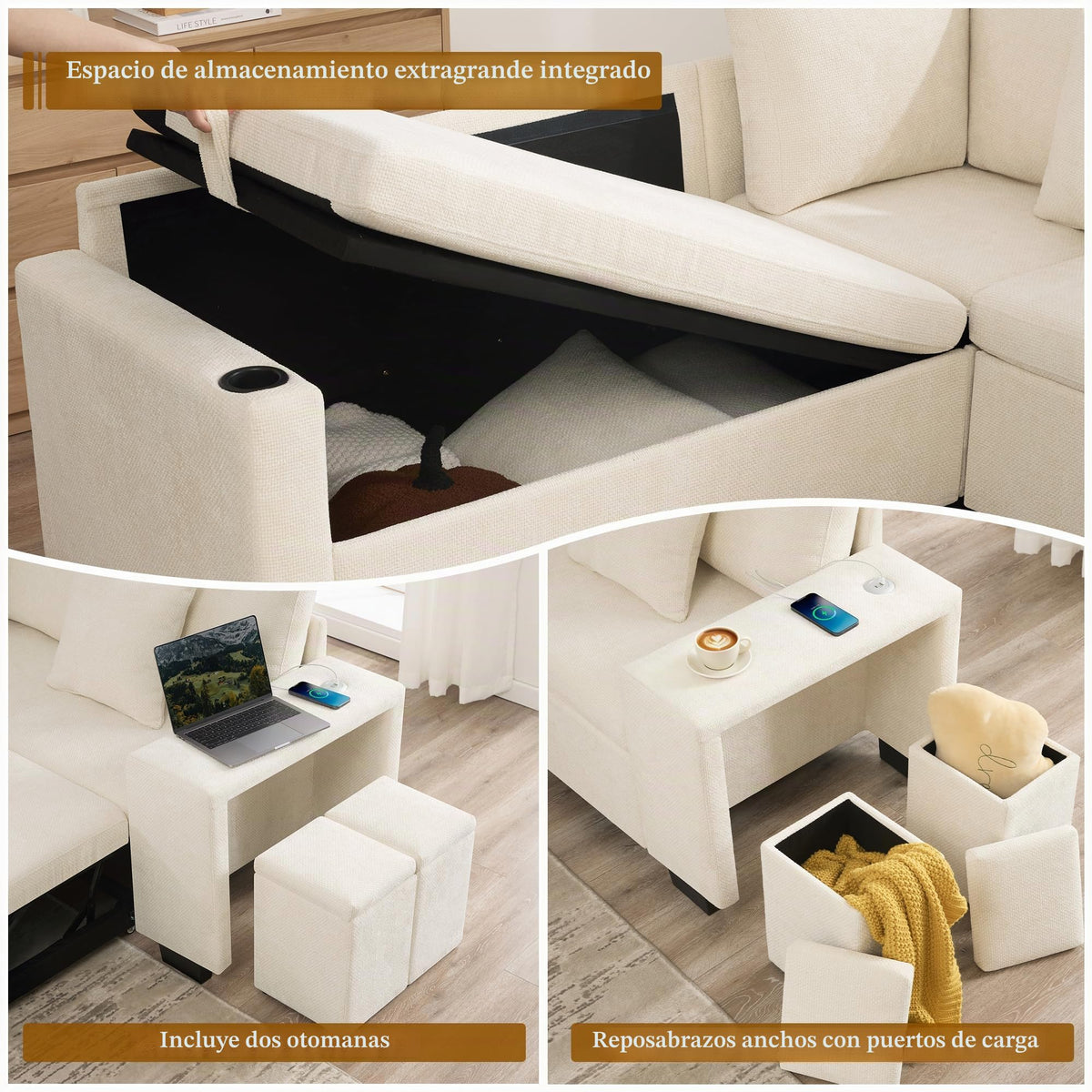 Sapgaks Sofá de esquina convertible de 6 plazas con USB, sofá convertible de 6 plazas, sofá de 6 plazas, en chenilla, con apoyabrazos en forma de librería, puf extraíble para configuraciones en L y en