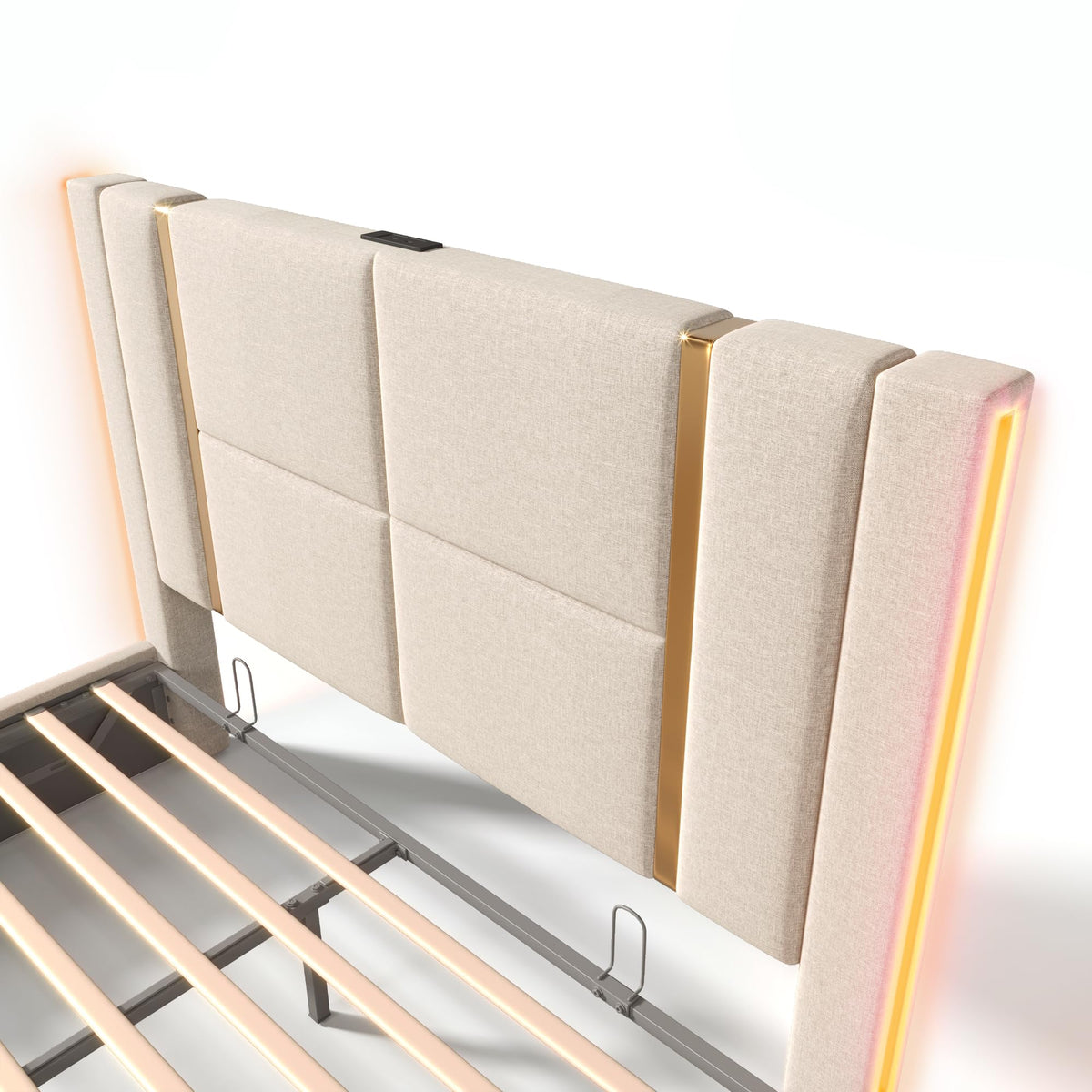 Cama tapizada doble USB tipo C función de carga APP Control LED 180 × 200 cm espacio espacio cama somier de láminas de madera, material de lino beige (sin colchón)
