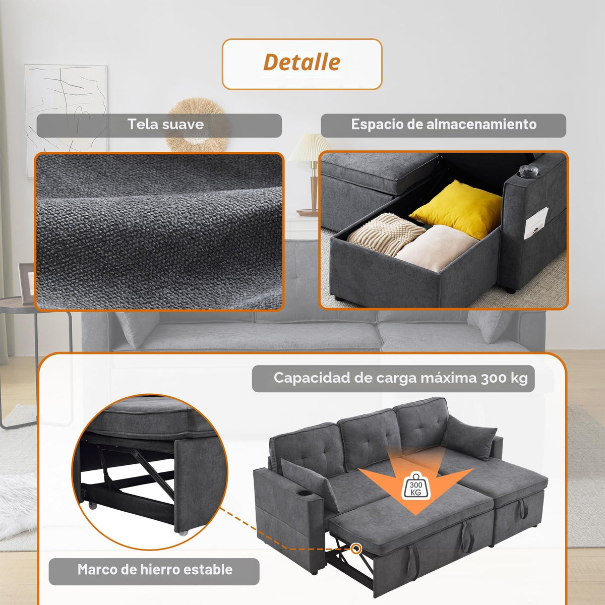 Sofá esquinero extensible en forma de L con puerto USB y portavasos, sofá cama de 4 plazas con función cama, sofá convertible con espacio de almacenamiento y reposabrazos, cojines, chenilla