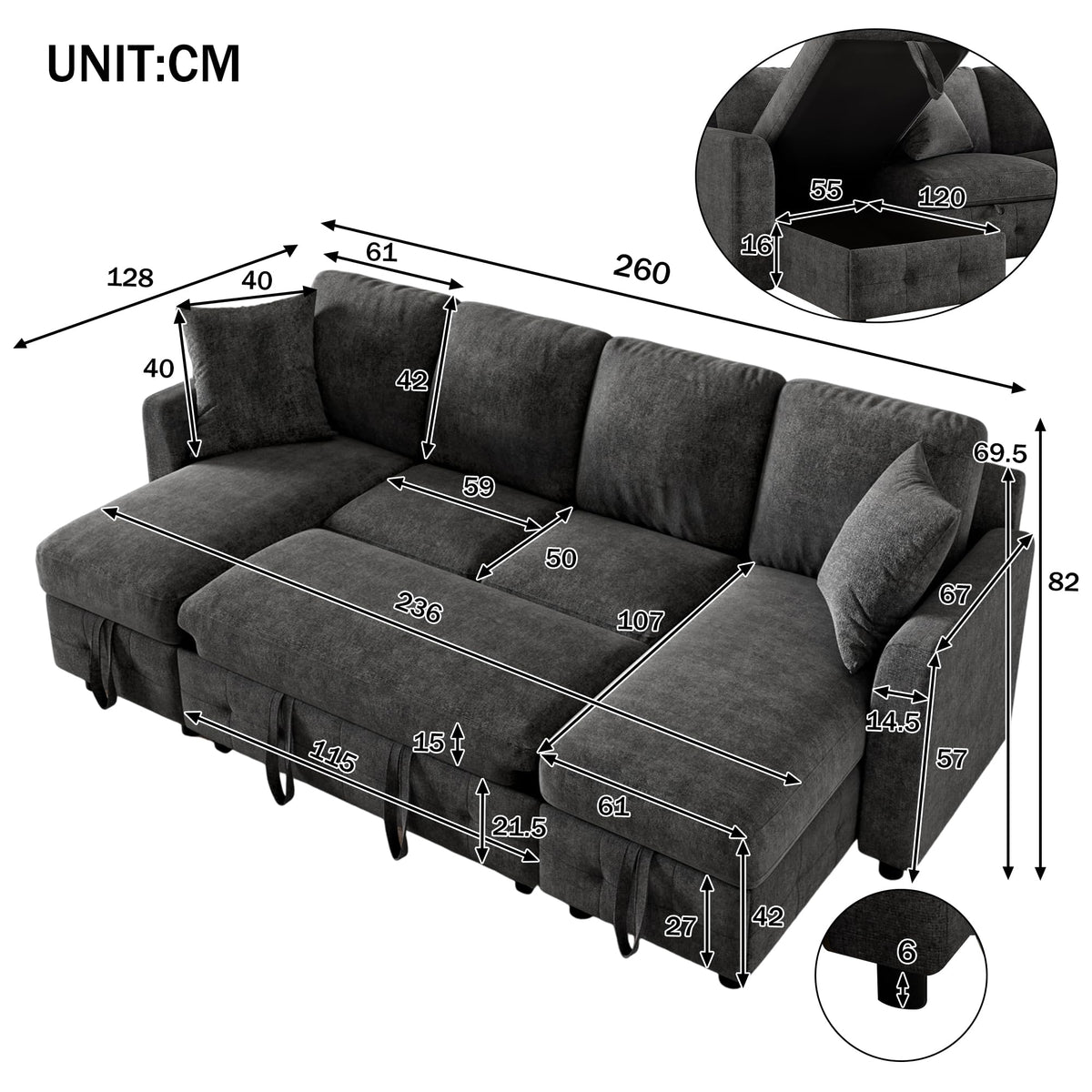LAKFEW Sofa Cama con Cama Extensible y Taburete Almacenaje, Sofa Rinconera con USB, Lámpara de Lectura, Mesa Plegable con 2 Posavasos, 205x205x85 cm, Gris