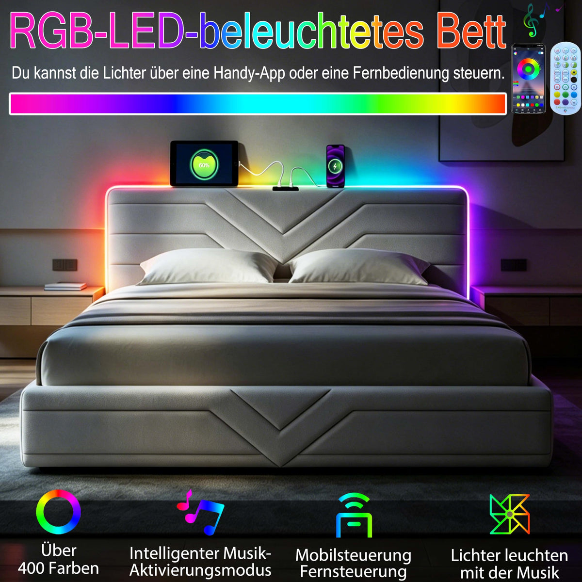 Armazón de Cama de Cuero 140x200cm con luz LED, Blanco