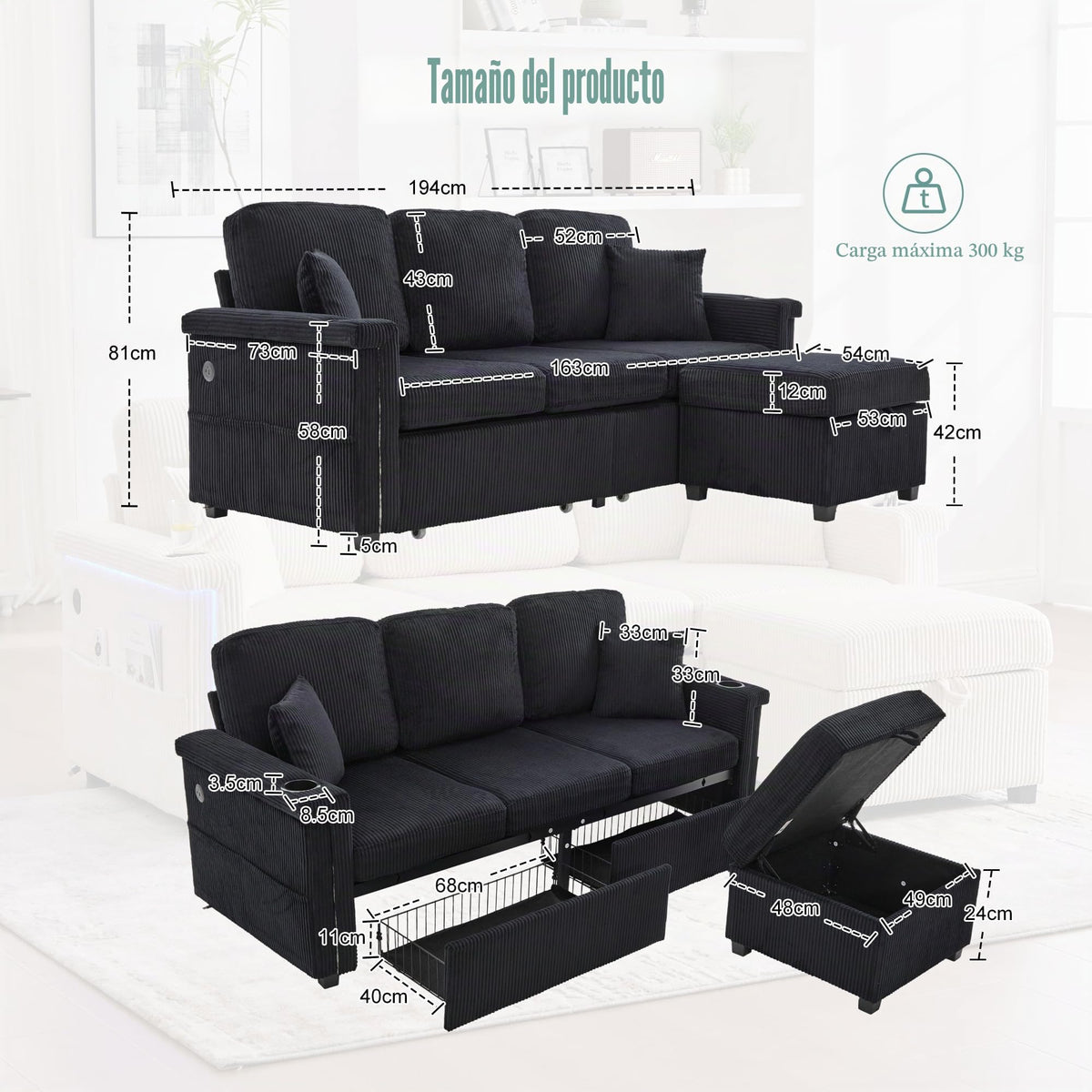 Lubvtti Sofá cama de 3 plazas moderno con función de cama, con espacio de almacenamiento, cargador USB, reposabrazos portaobjetos y 2 cojines, sofá de esquina en L, sofá de 3 plazas, chenilla (C-gris)
