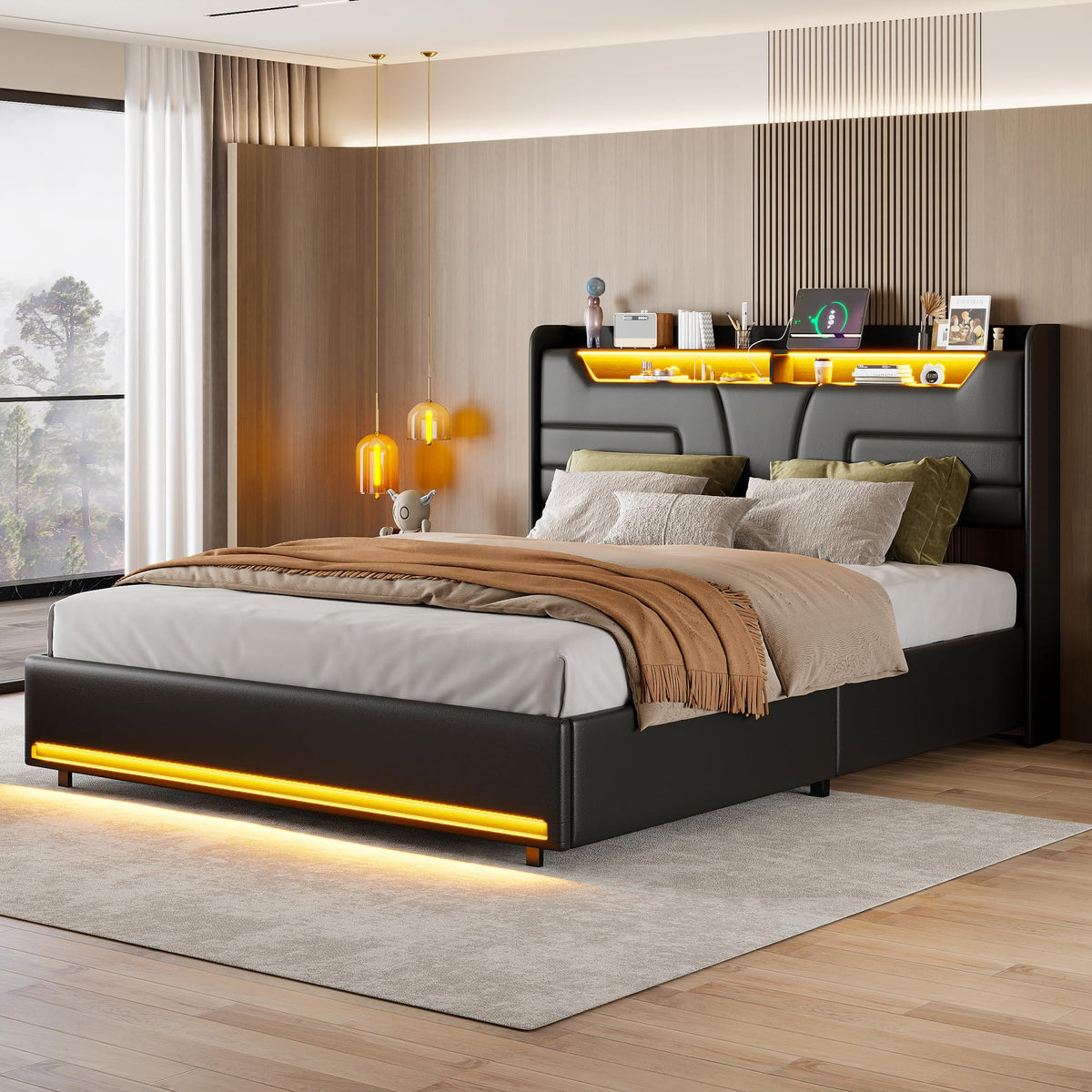 Cama tapizada de 160 x 200 cm, cama doble LED con espacio de almacenamiento, cabecero y función de carga USB C, cama de almacenamiento hidráulico, respaldo con somier de láminas de madera