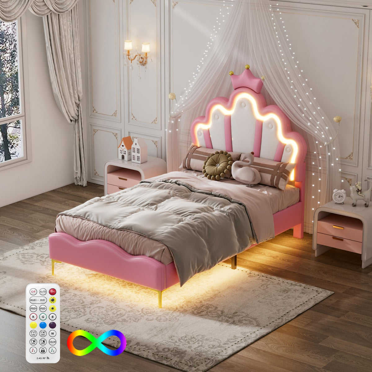Cama Infantil tapizada 140 x 200 cm con LED, Cama tapizada para niños 140 x 200 con cabecera Ajustable Marco de Camas, Camas de Princesa para Niña en Forma de Corona con Somier(Rosa, 140 x 200)