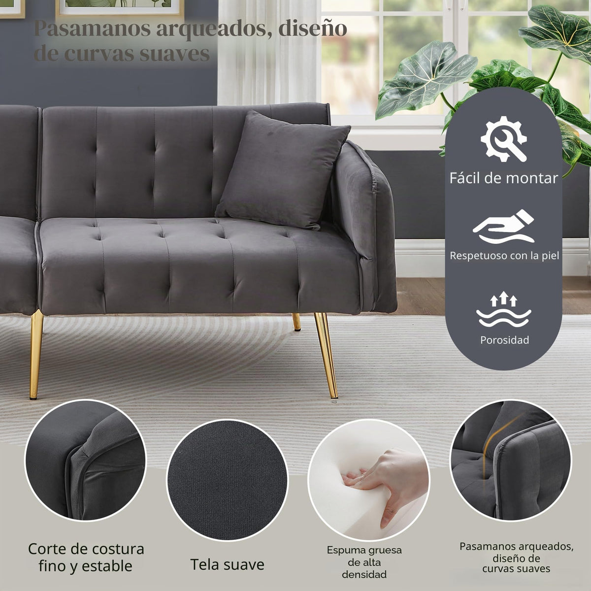 Sofá cama con esquinas ajustables, patas doradas, almohadas y bolsillos laterales para almacenamiento (Bavia)