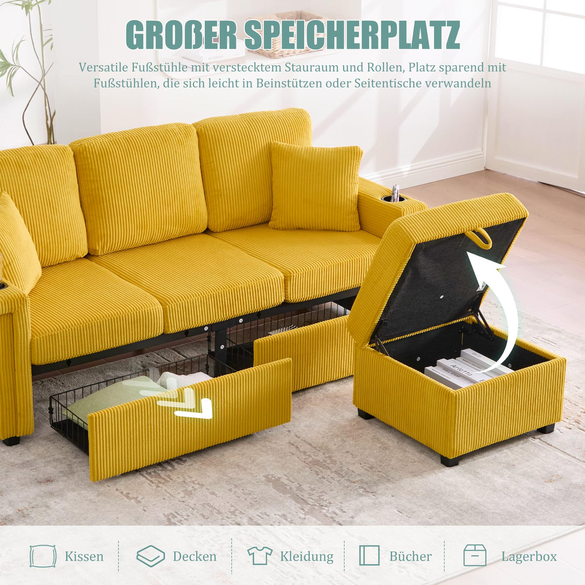 Dolamaní Sofá de terciopelo de 3 plazas con 2 cajones, soporte para bebidas, bolsillos laterales y reposapiés para sala de estar, dormitorio y oficina (beige)