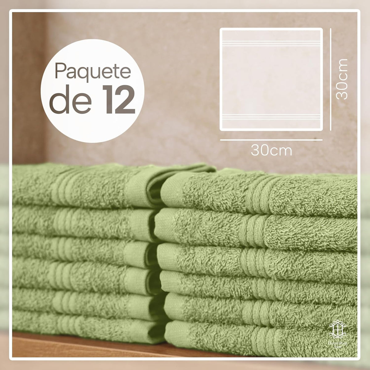 Luxe Set de 12 Toallas de Mano (Gants de Toilette) – 100% Algodón, Suaves & Absorbentes, Fáciles de Mantener, Premium para el Rostro, 30×30 cm, Verde Salvia