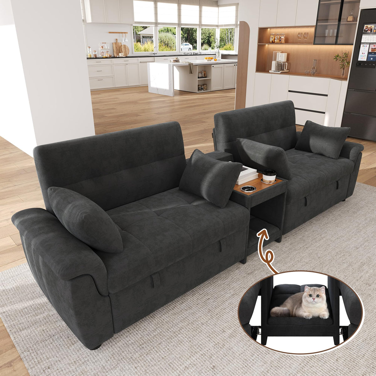 LAKFEW Sofa Cama con Cama Extensible y Taburete Almacenaje, Sofa Rinconera con USB, Lámpara de Lectura, Mesa Plegable con 2 Posavasos, 205x205x85 cm, Gris