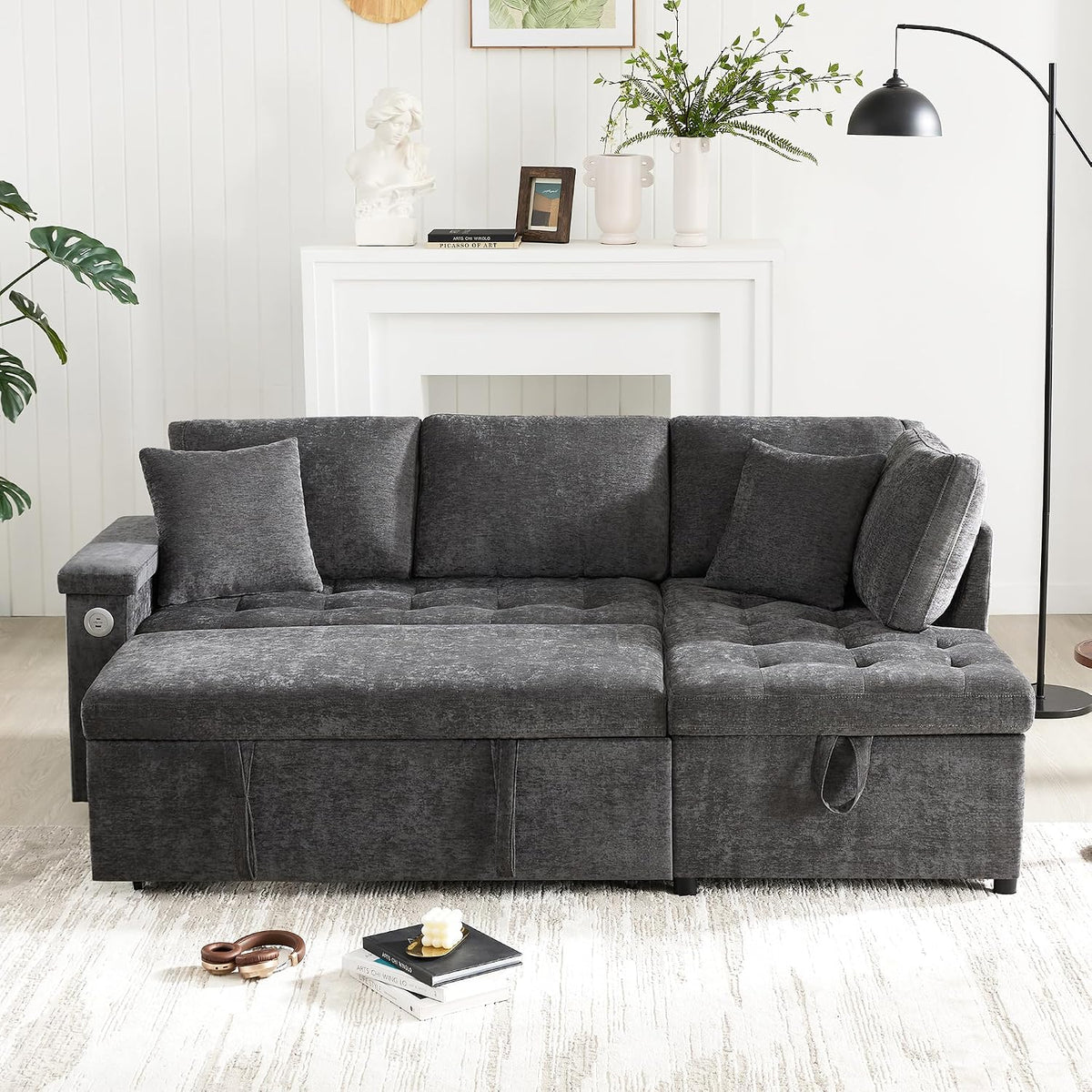 Lubvtti Sofá cama de 3 plazas moderno con función de cama, con espacio de almacenamiento, cargador USB, reposabrazos portaobjetos y 2 cojines, sofá de esquina en L, sofá de 3 plazas, chenilla (C-gris)