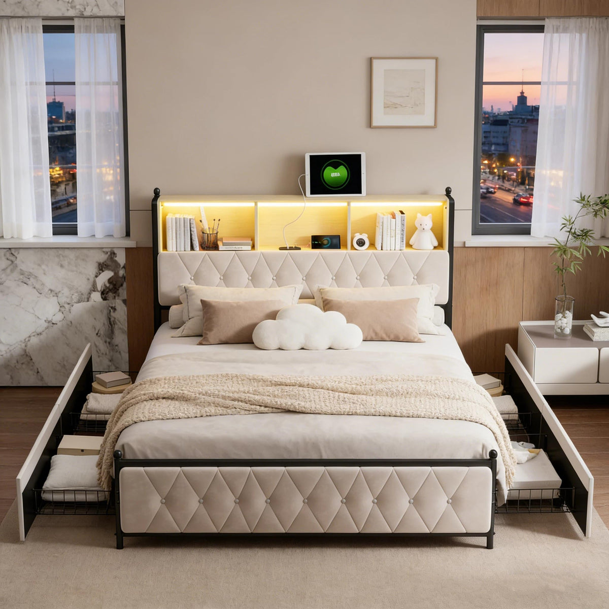 BRILVERDE Cama Tapizada 160x200 con Almacenamiento, Cama matrimonial con cajones, Cama Nido con LED, Cabecero Acolchado y Base de Láminas, Terciopelo (Beige, 160 x 200 cm)