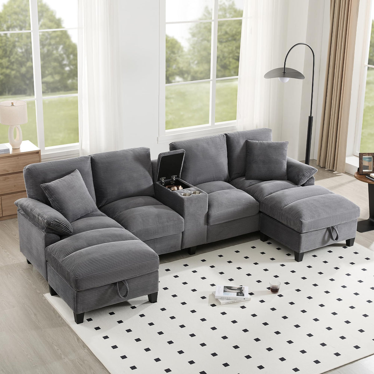 Sofá modular de 6 plazas, sofá esquinero en forma de L/U, puertos USB/tipo C, portavasos y espacio de almacenamiento, tela de chenilla, 7 cojines, salón, dormitorio y oficina, color beige