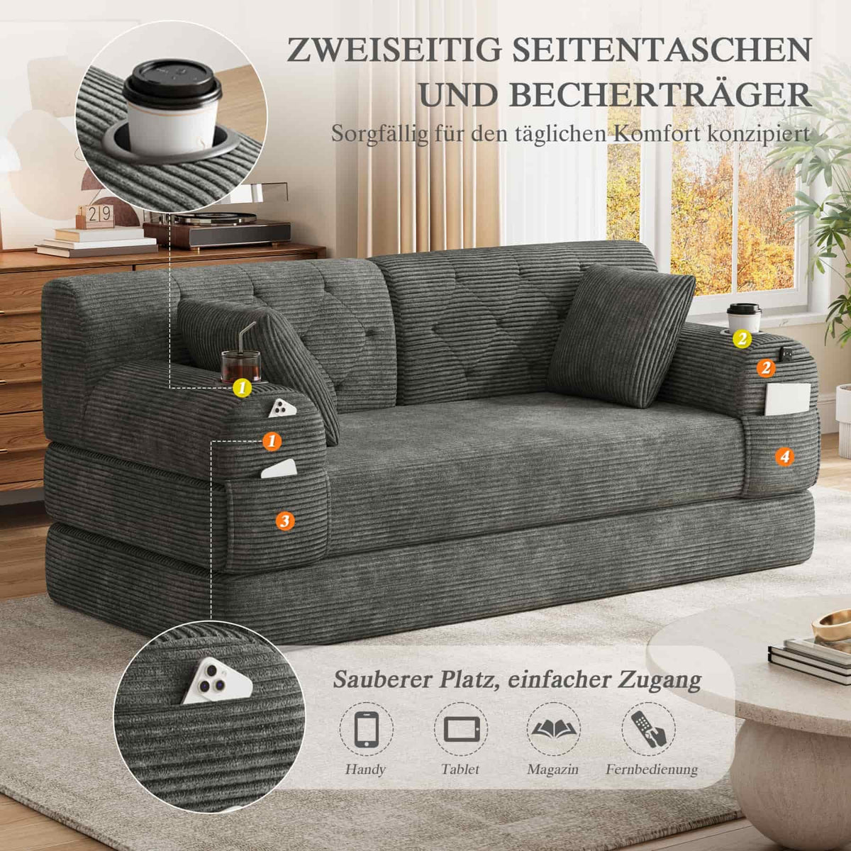 YEHTOKHOME - Sofá de Velor acanalado con respaldo alto y estructura metálica, sofá moderno de 2 plazas con 2 portavasos y 4 bolsillos laterales, para salón, dormitorio (Beige)