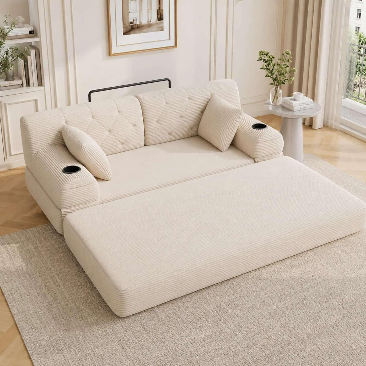 YEHTOKHOME - Sofá de Velor acanalado con respaldo alto y estructura metálica, sofá moderno de 2 plazas con 2 portavasos y 4 bolsillos laterales, para salón, dormitorio (Beige)