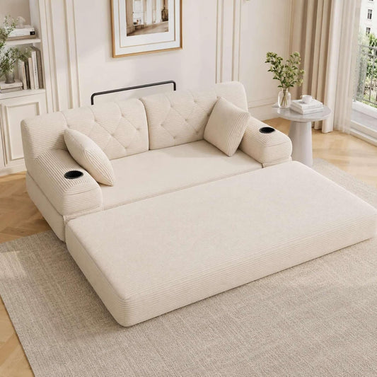 YEHTOKHOME - Sofá de Velor acanalado con respaldo alto y estructura metálica, sofá moderno de 2 plazas con 2 portavasos y 4 bolsillos laterales, para salón, dormitorio (Beige)