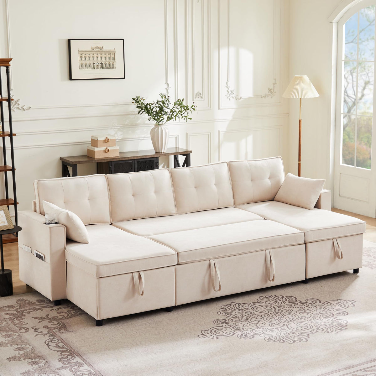 Sapgaks Sofá Seccional en U Moderno,Sofá 4 plazas,Mueble Acolchado de diseño Moderno,Tela de Chenilla (Beige)