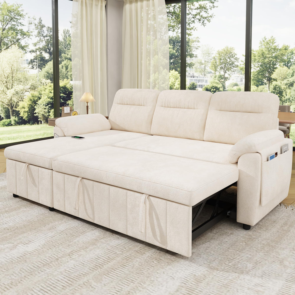Sofá modular de 3 plazas con función cama extensible y USB/Type-C, sofá esquinero en forma de L con reposacabezas semifijos y compartimento de almacenamiento, sofás con chaise longue