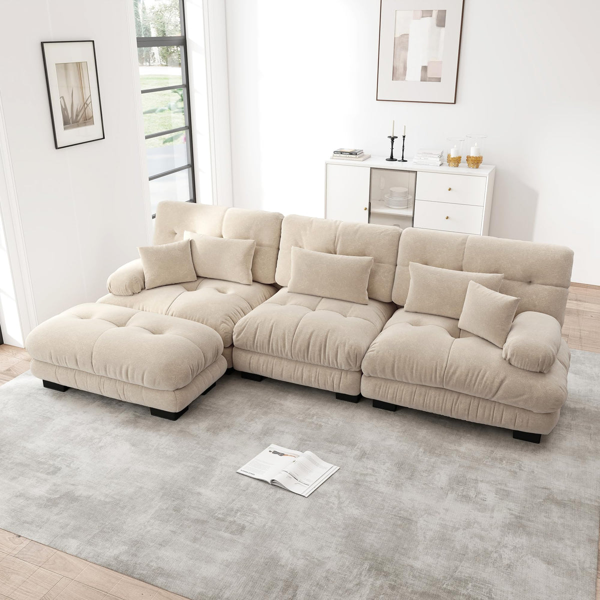 Sofá seccional Cloud en forma de L de 4 plazas con otomana móvil, ciniglia paisaje residencial con asiento profundo y reposabrazos anchos, gran sofá de sala para apartamento