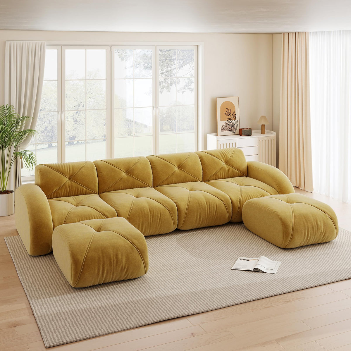 Sofá de esquina en forma de L de 4 plazas con reposapiés, sofá modular Cloud sin marcos de chenilla, sofá de estar suave, antideslizante, combinable de forma flexible, sin montaje, salón color