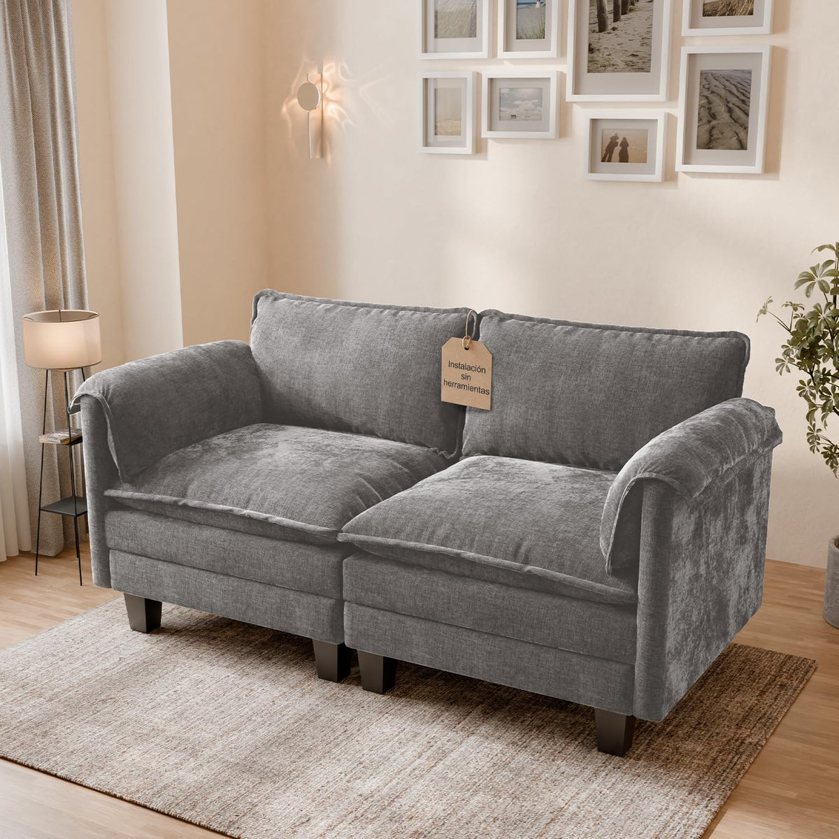 ELUCHANG Sofá Nube Modular 256cm, Sofá de 3 Plazas con Asiento Profundo 62cm, Montaje sin Herramientas, Sofá Moderno de Chenilla para Salón y Habitación, Gris Perla