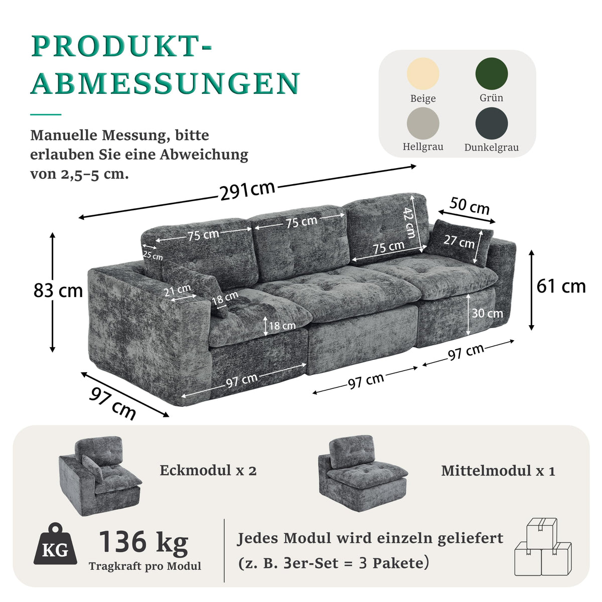 Sofá modular de 3 plazas con función de dormir, asiento extra profundo, felpilla para el hogar, sofá sin marco, sofá cama flexible para salón, verde
