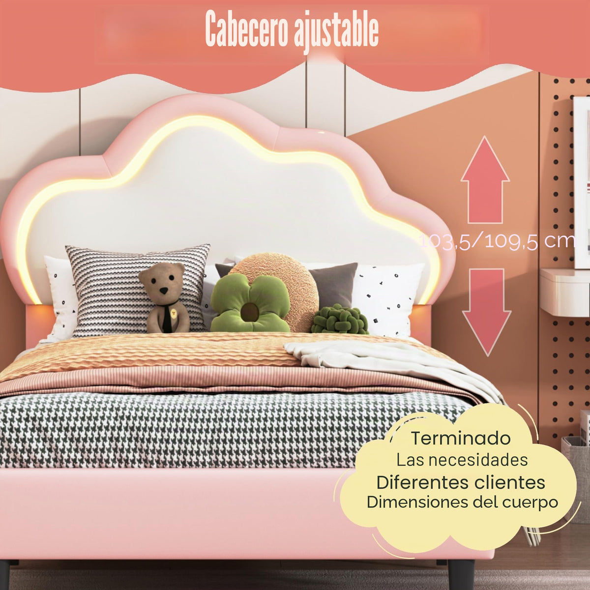 LIVLUX Cama Tapizada 90 x 200 cm, Cama Princesa con Cabezal LED Ajustable y Somier de Lamillas, Cama para Niña, Diseño en Forma de Corona para Niños y Adolescentes (Rosa, 90 x 200 cm)