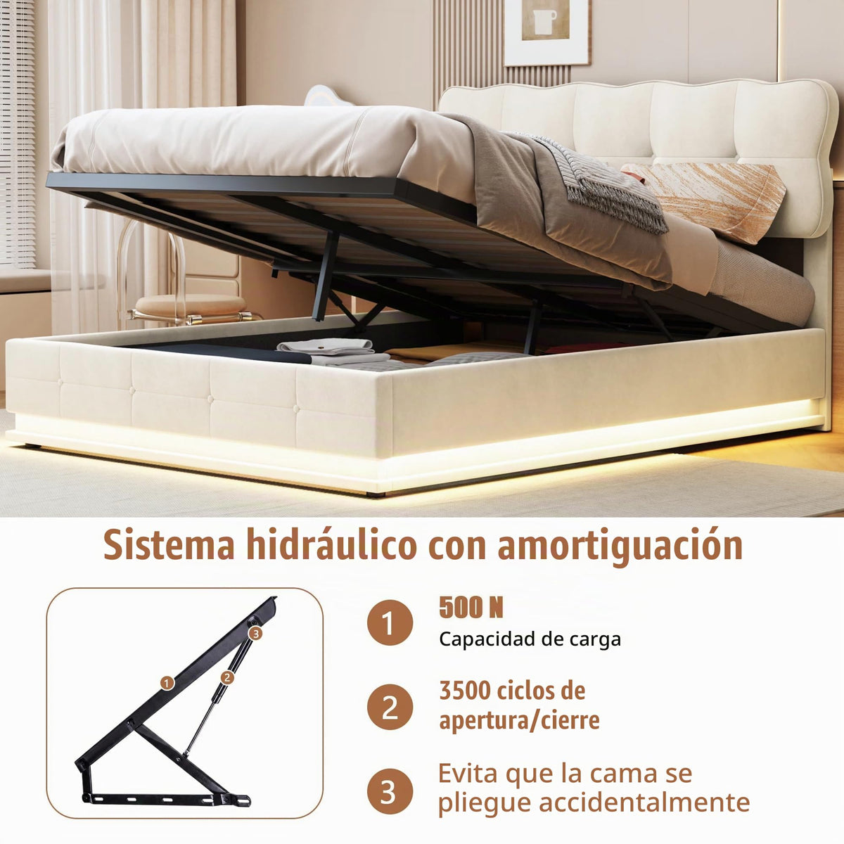 BRILVERDE Cama Tapizada 140x200 con Almacenamiento hidráulico, Cama matrimonial con Toma USB y luz LED, Cabecero Acolchado y Base de Láminas, Terciopelo (Beige, 140 x 200 cm)