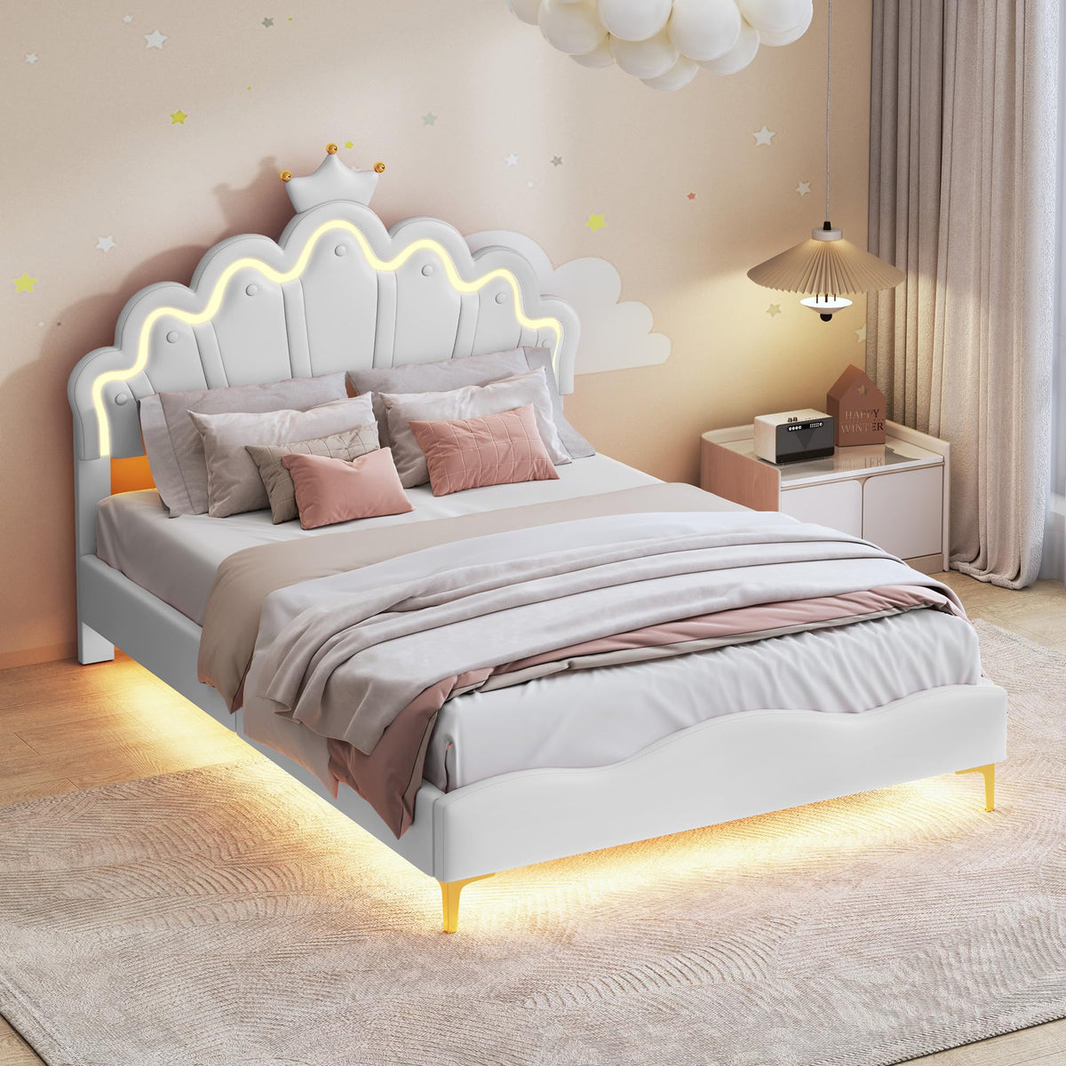 Cama Infantil tapizada 140 x 200 cm con LED, Cama tapizada para niños 140 x 200 con cabecera Ajustable Marco de Camas, Camas de Princesa para Niña en Forma de Corona con Somier(Rosa, 140 x 200)