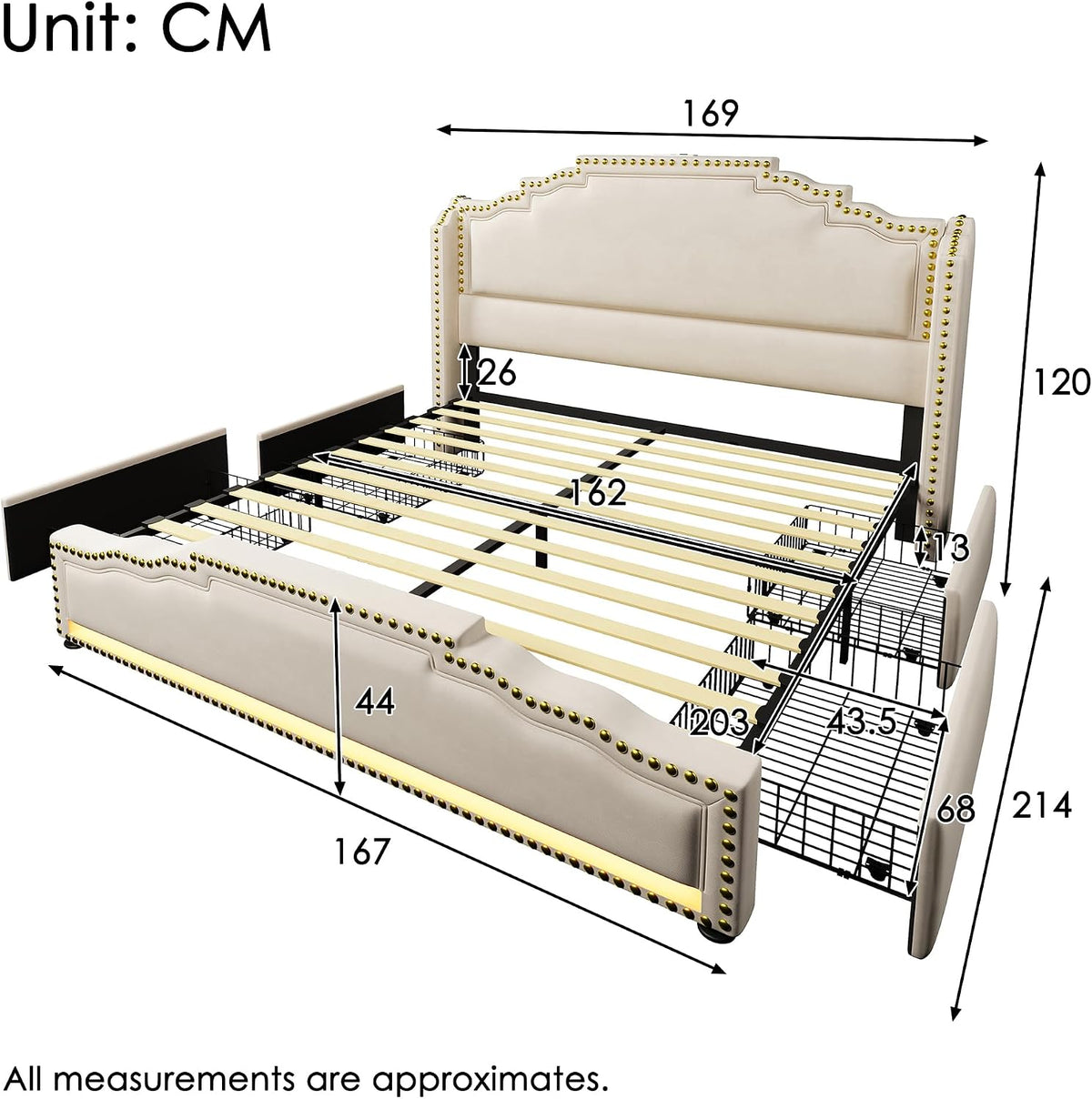 Cama tapizada de 160 x 200 cm, cama doble con 4 cajones, iluminación LED y puerto de carga USB-C, cama de almacenamiento y cama juvenil con somier, terciopelo, beige, sin colchón