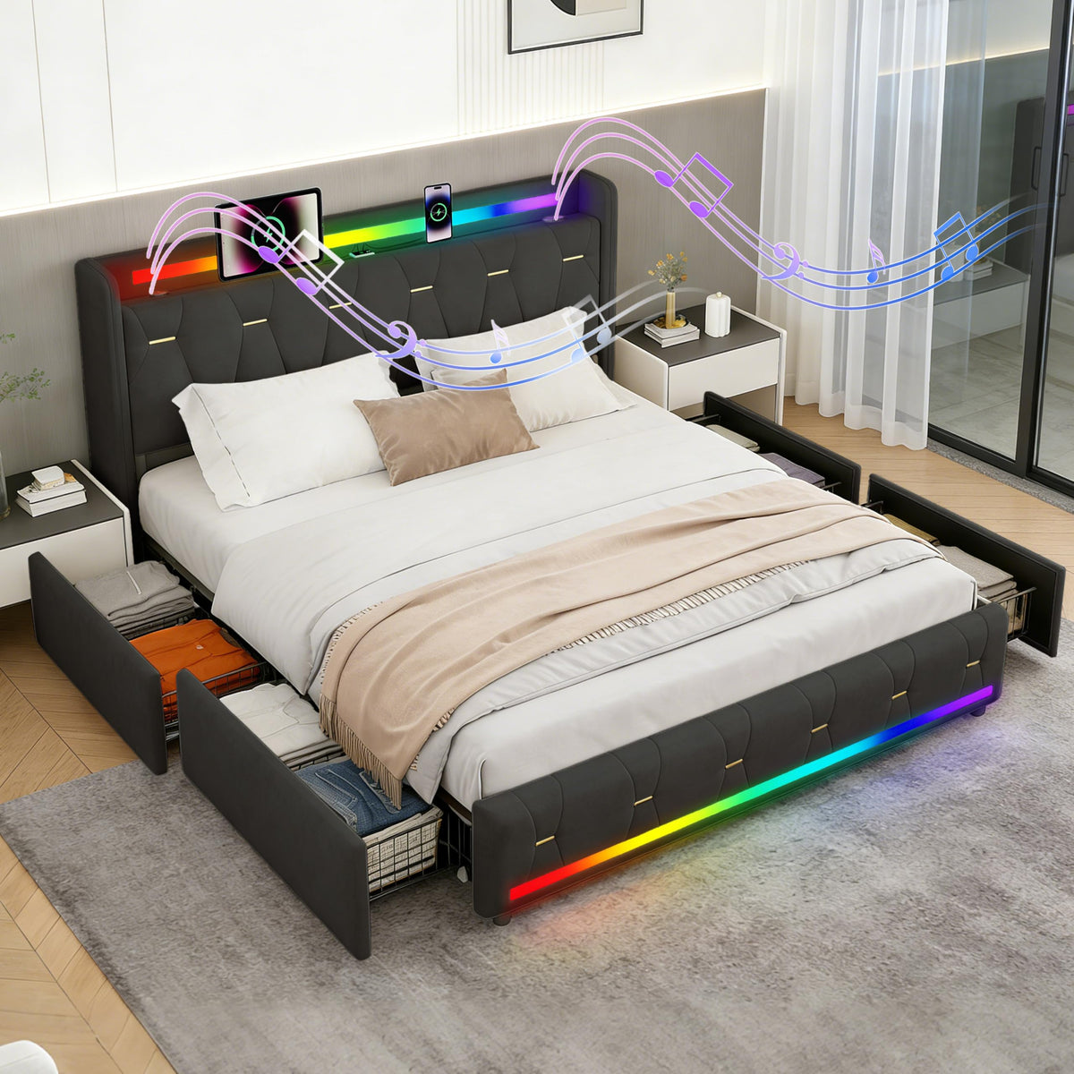 Estructura de Cama 140x200 cm con iluminación LED, Lino, Gris